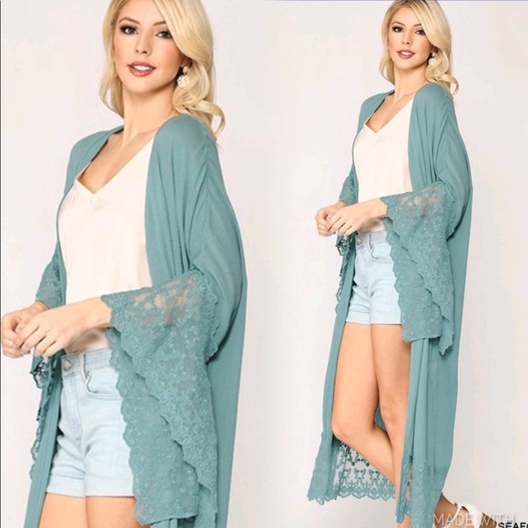 Last M New Cozy Boho Lace Trim Kimono Duster - Picture 2 of 12